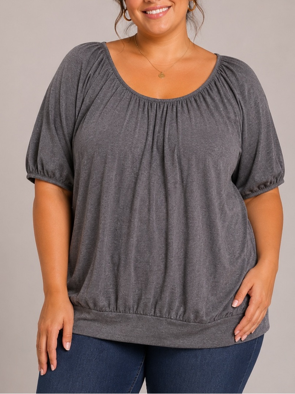 Cotton On Charcoal Scoop Neck Puff Sleeve Top - Womens LARGE